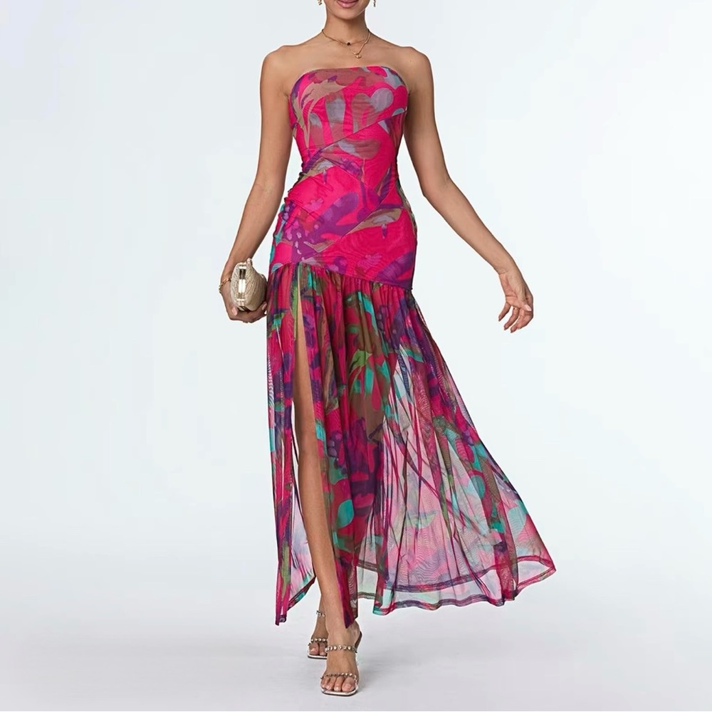 Elegant Pink and Green Strapless Dress